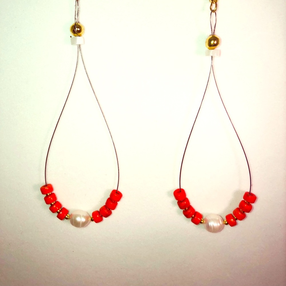 Orange Turquoise And Pearl Earrings